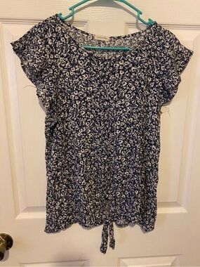 Cotton Blue Navy Floral Tie-Front Short Sleeve Top